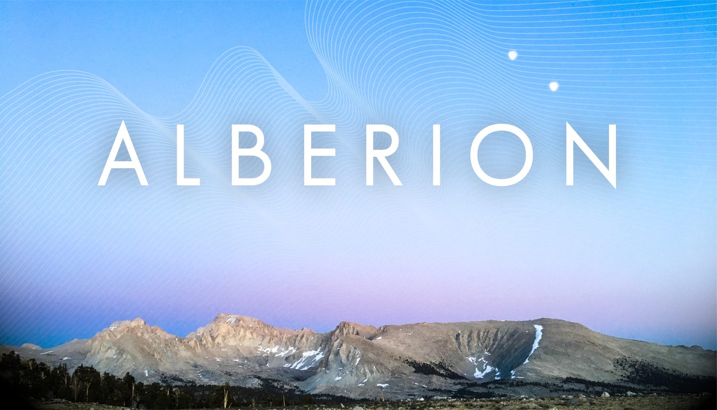 The word ALBERION set over a dawn sky above a snow-streaked Sierra ridgeline.